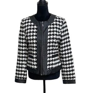 For Cynthia black & white houndstooth zipper front blazer jacket size medium